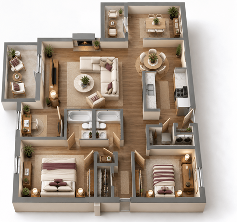 Floor plan for 2 beds, 2 baths, 1399 sqft